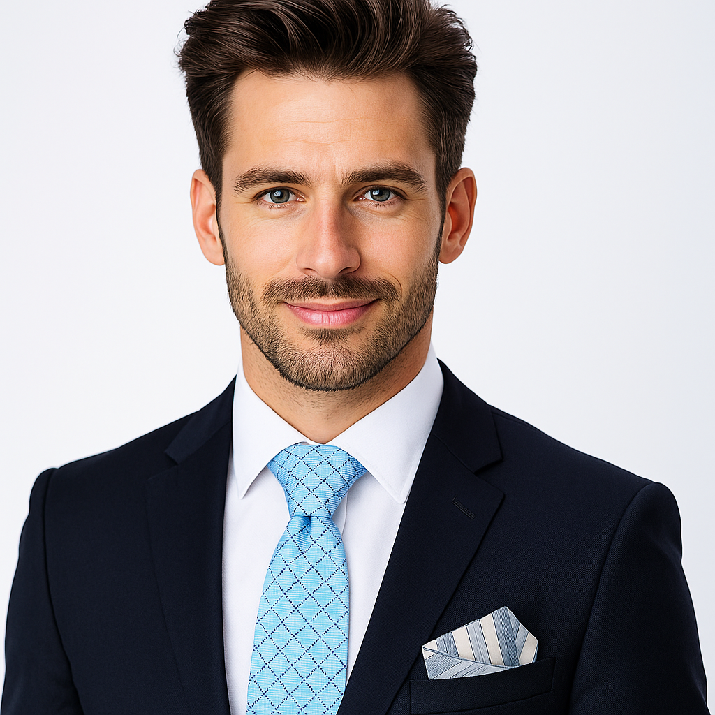 Man wearing a dark suit with a light blue tie and striped pocket square on a plain background