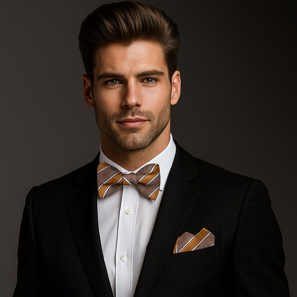 Man wearing a black suit with a brown and caramel stripe patterned bow tie and pocket square on a dark background