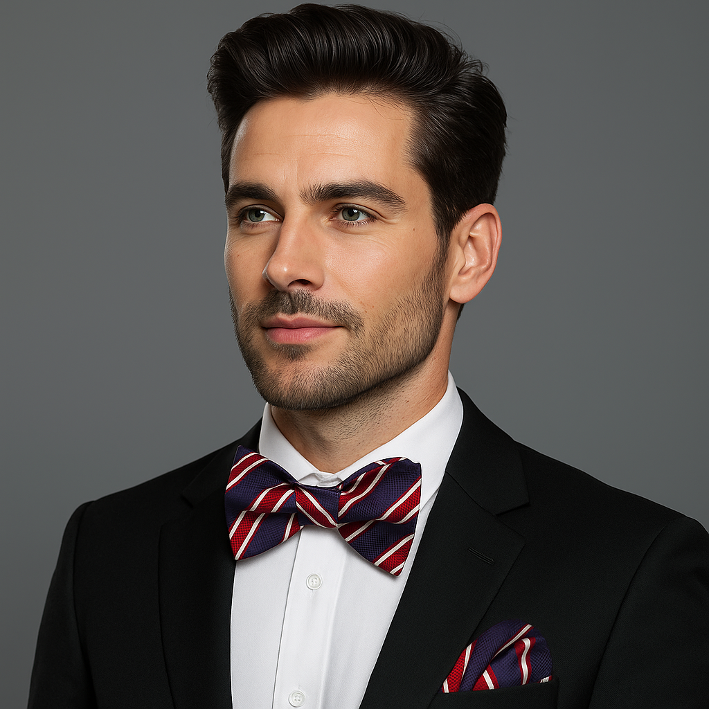Man wearing a black suit with a red and blue striped bow tie on a gray background