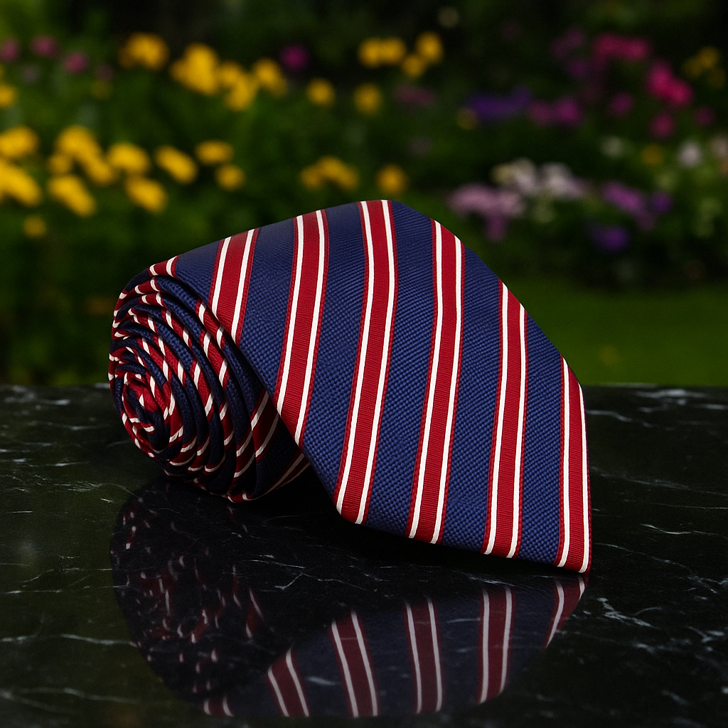 Striped tie with red and blue pattern on a reflective surface with blurred flowers in the background