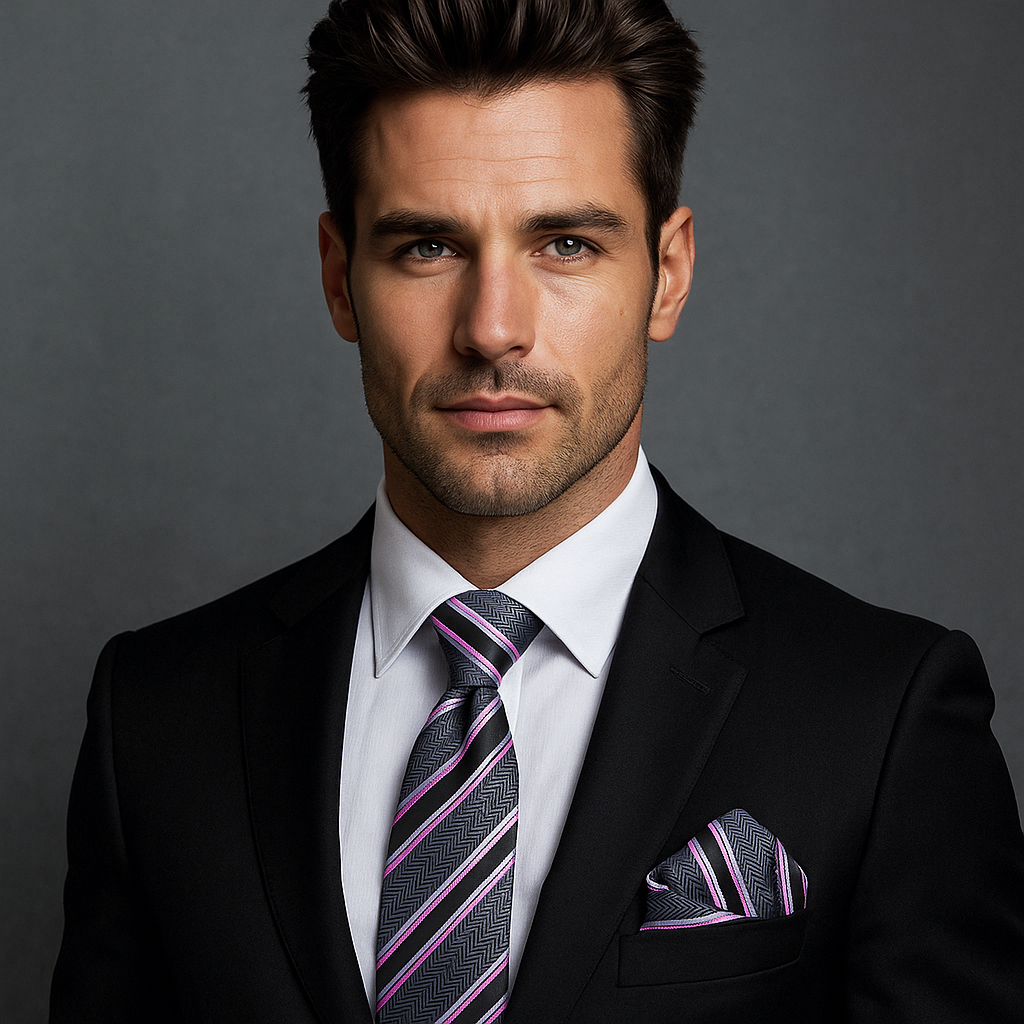 Man wearing a black suit with a grey, pink and black striped tie and pocket square on a gray background