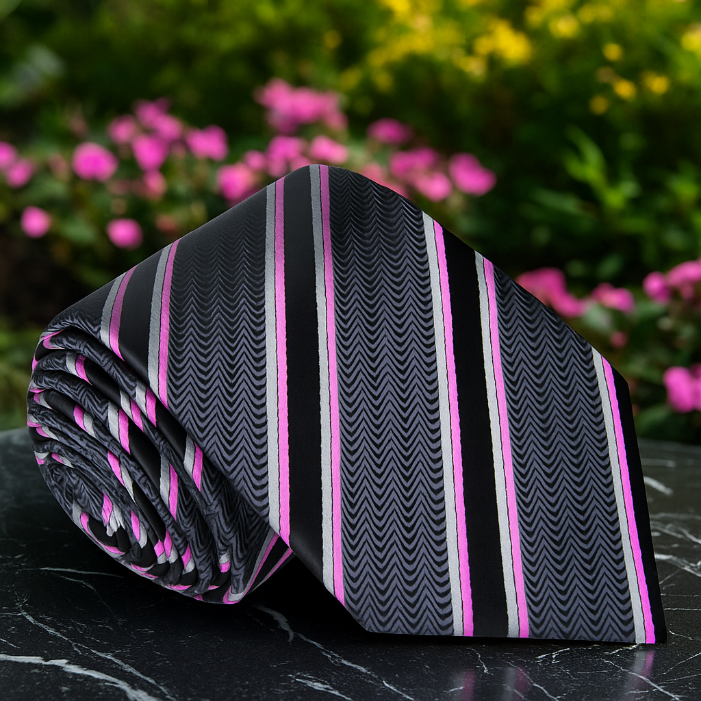 Rolled-up tie with black, pink, and gray stripes on a dark surface with blurred flowers in the background