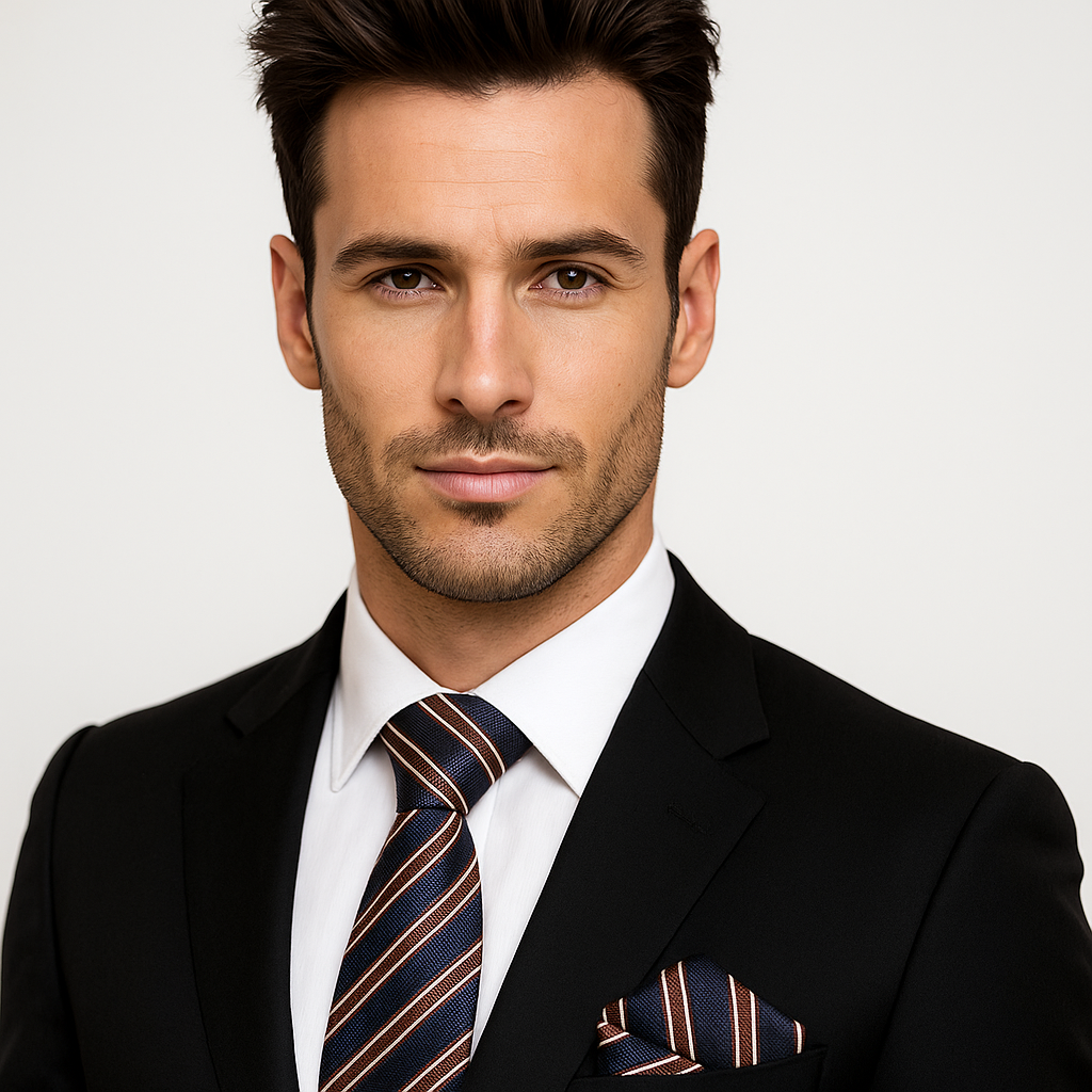 Man wearing a black suit with a striped blue and brown tie against a light gray background