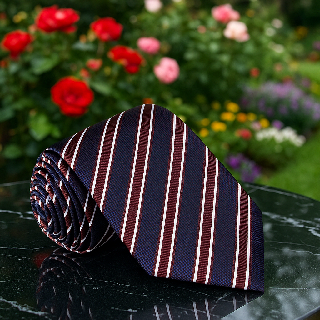 Blue with Brown Striped tie on a reflective surface with flowers in the background