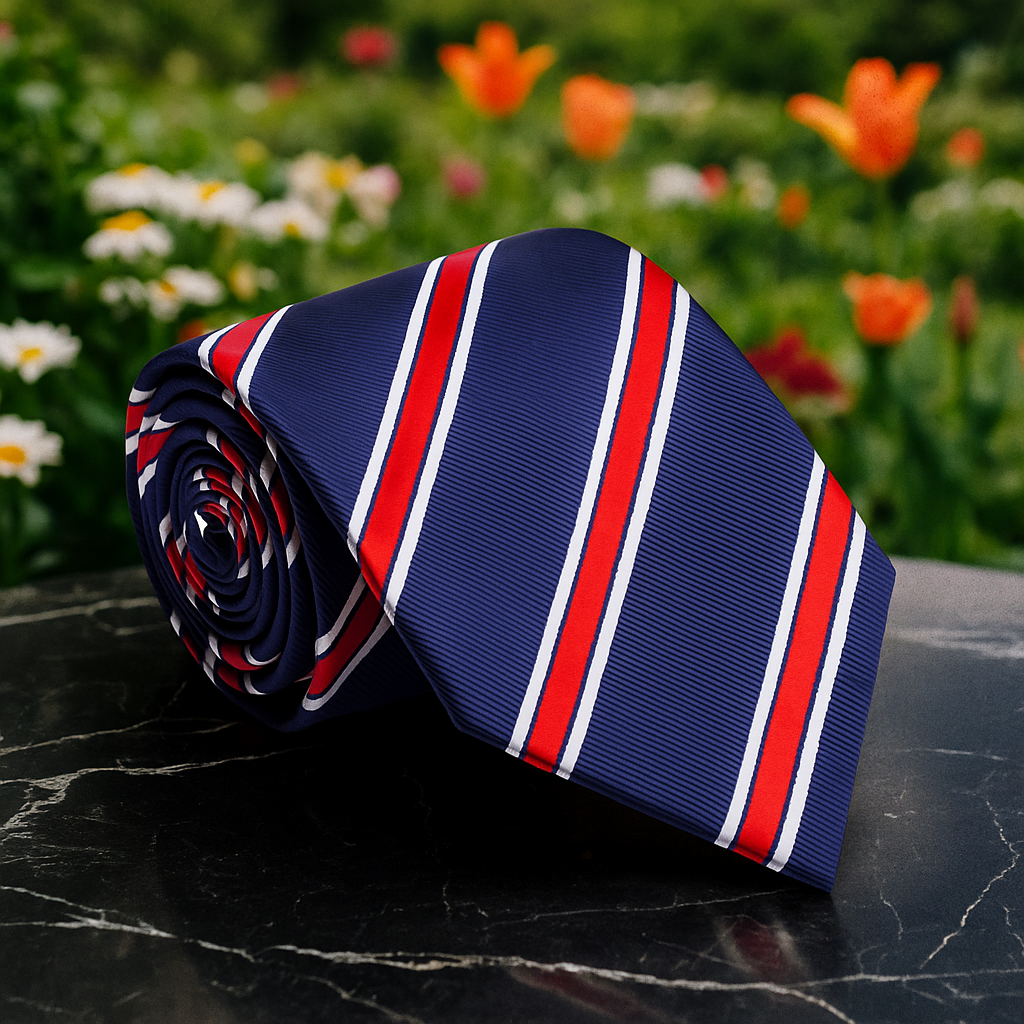 Blue, Bright Red and White Stripe Necktie