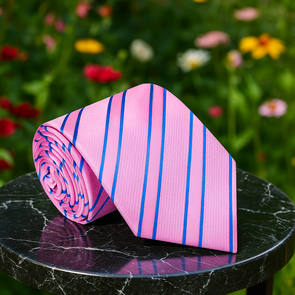 Pink tie with blue stripes on a black marble surface with a garden background