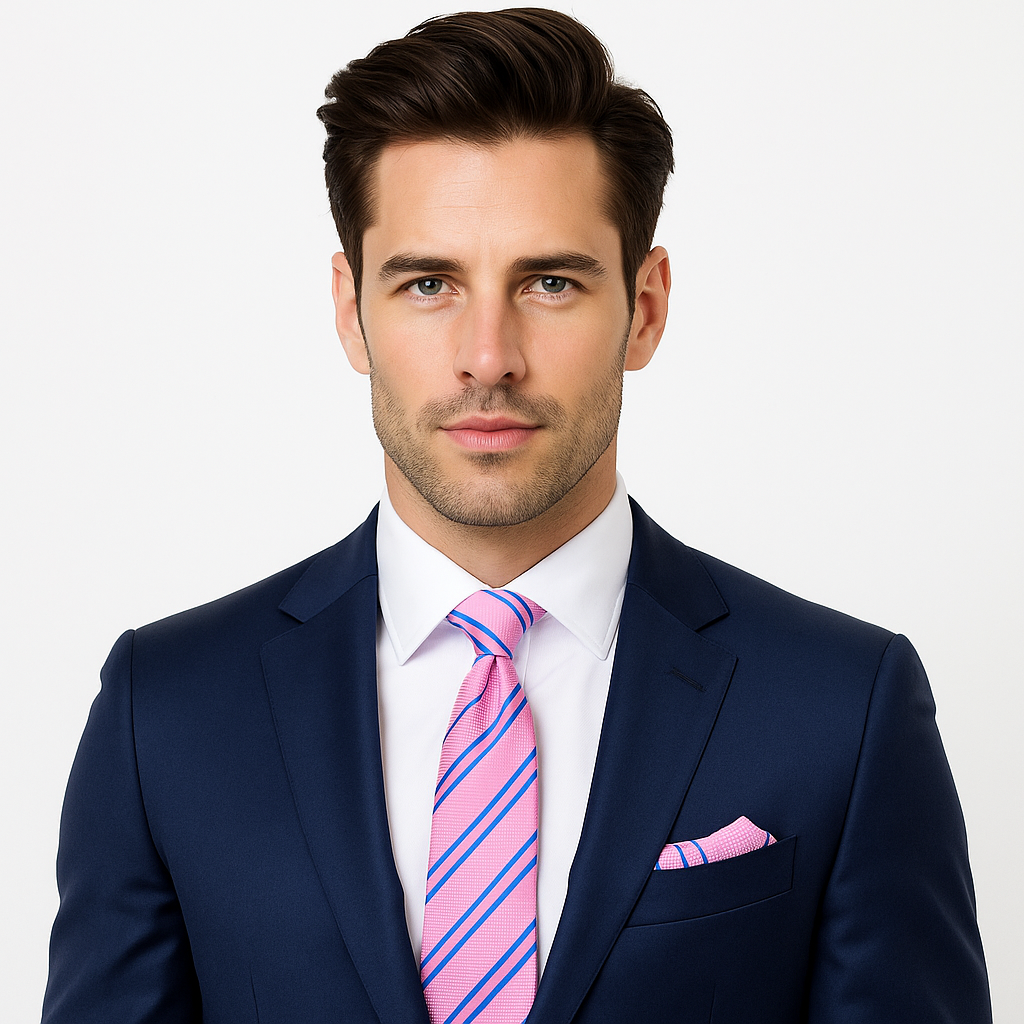 Man wearing a navy suit with a pink striped tie and pocket square on a white background