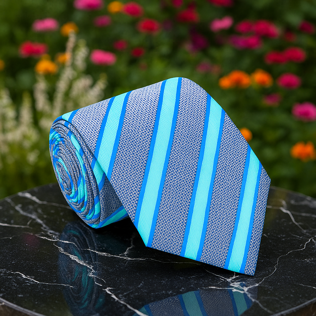 Blue striped tie on a black marble surface with a blurred floral background