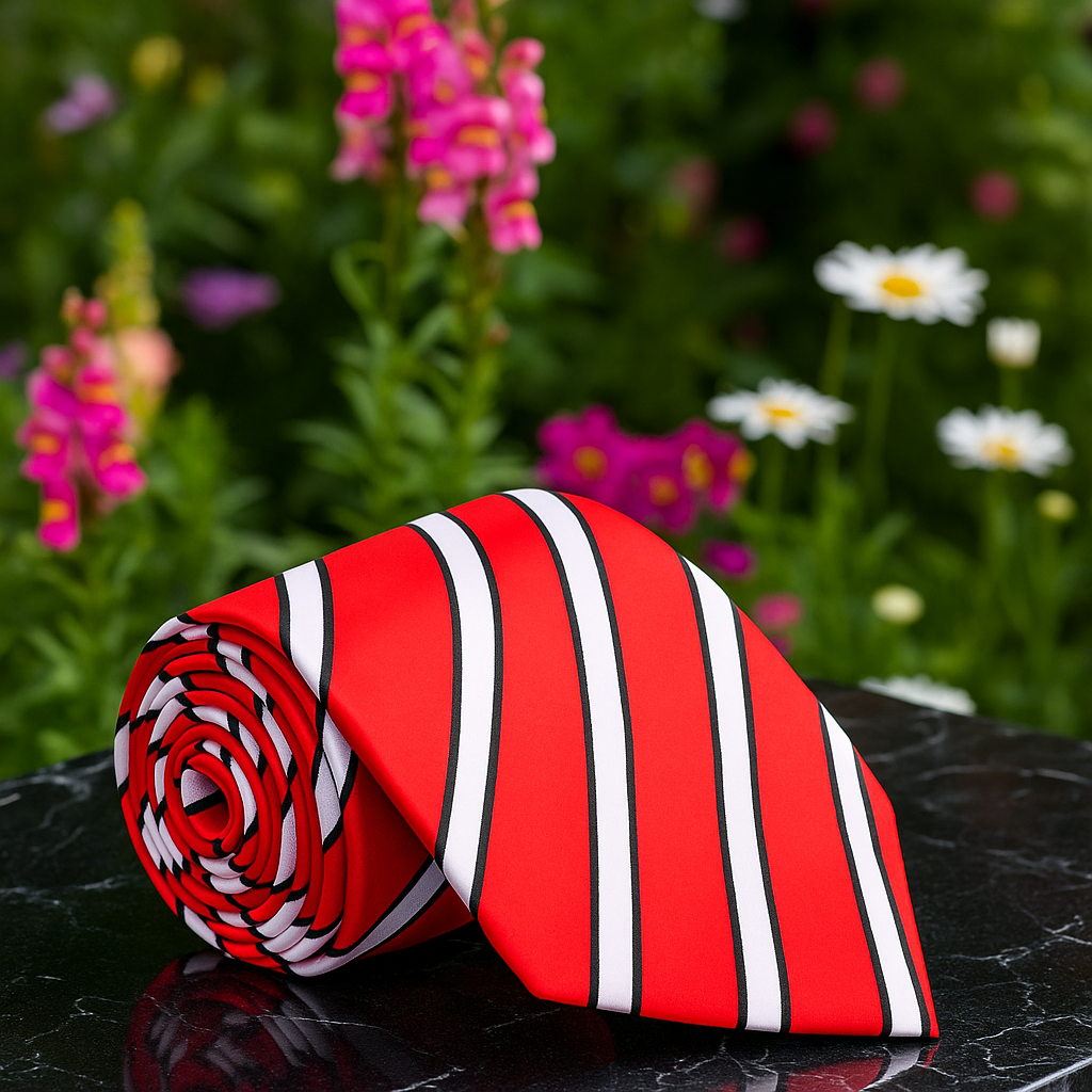 A Red, Black, White Stripe Pattern Necktie