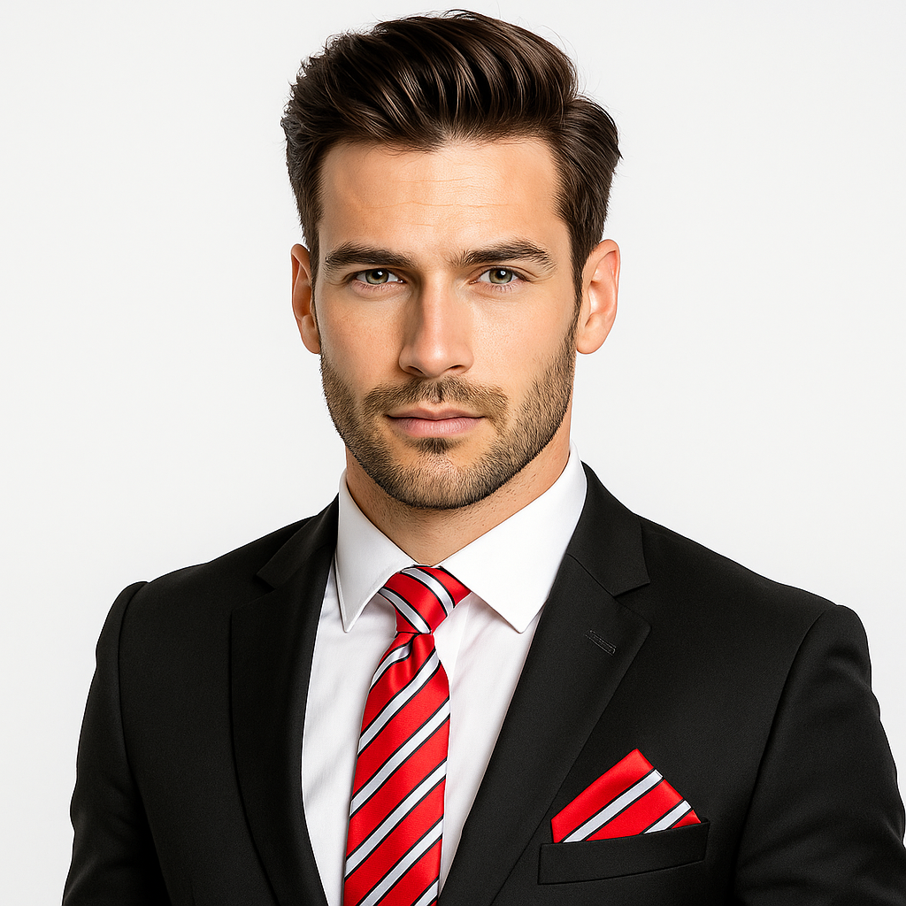 Man wearing a black suit with a red and white striped tie and pocket square on a light gray background