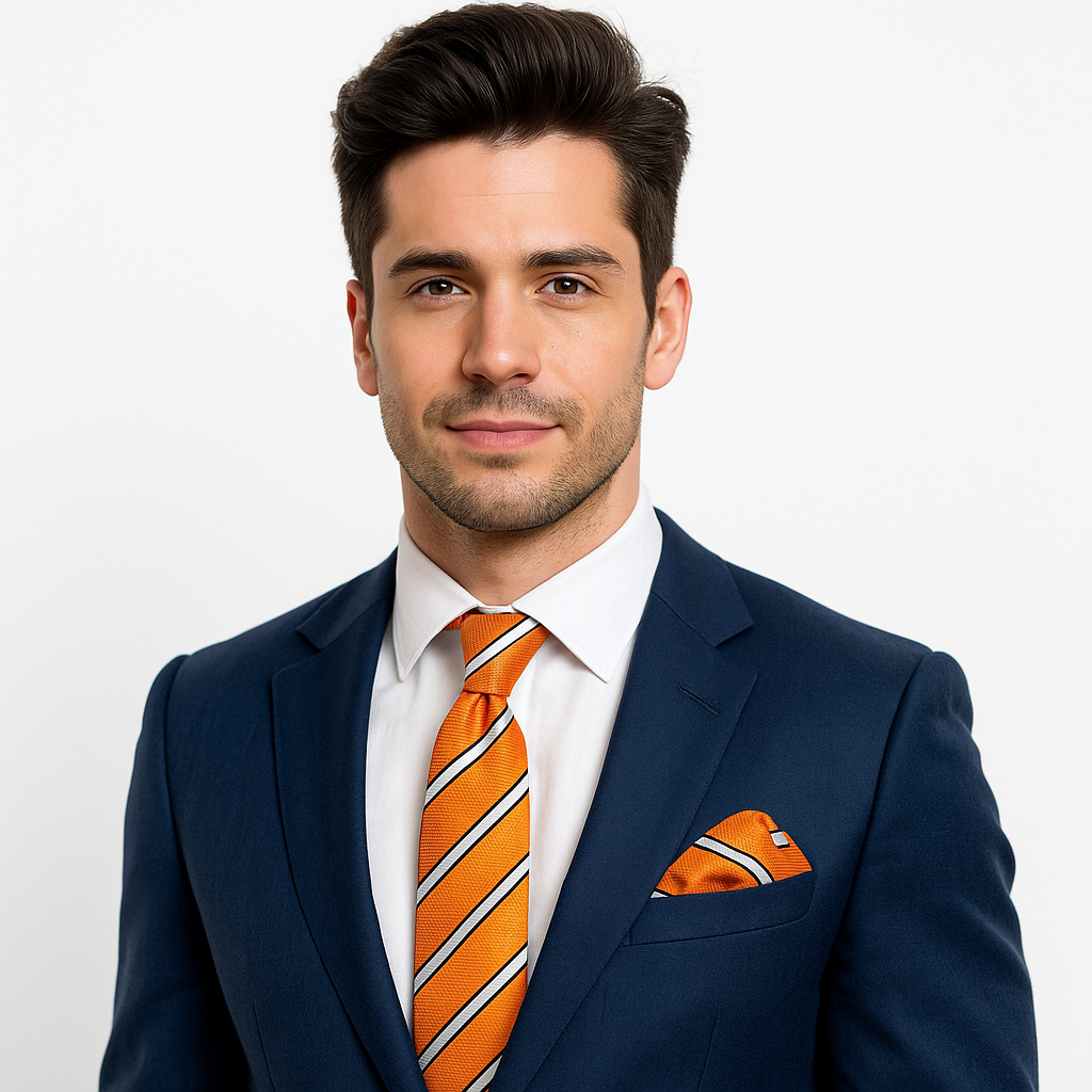 Man wearing a navy suit with an orange striped tie and pocket square on a light gray background