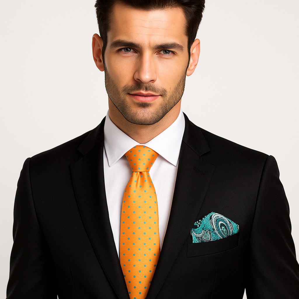 Man wearing a black suit with an orange tie and teal pocket square on a light gray background