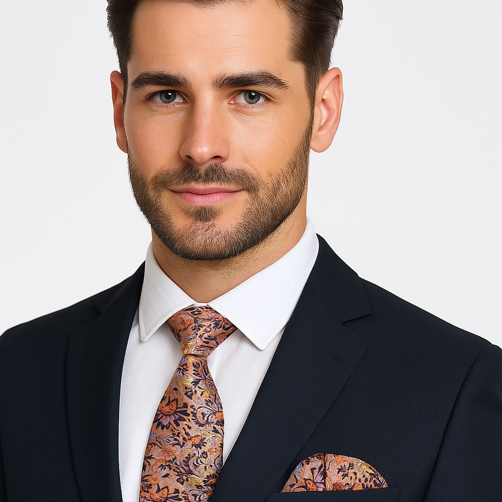 Man wearing a dark suit with a peach floral patterned tie and pocket square on a light gray background