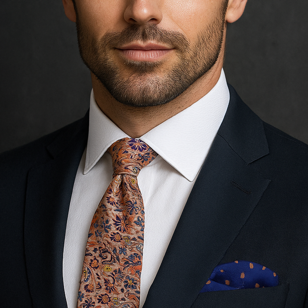Peach Floral Tie and Accenting Blue and brown Handkerchief on man wearing suit