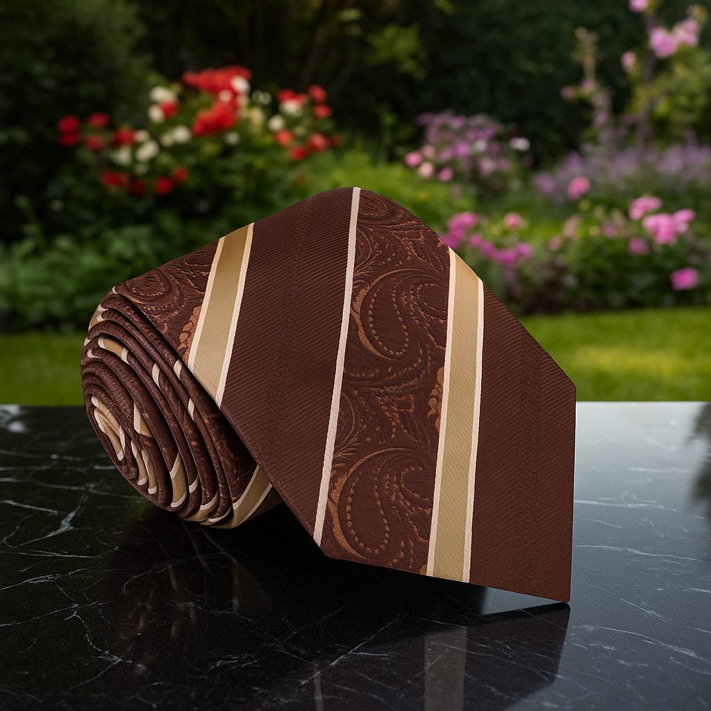 Brown paisley tie on a black marble surface with a garden background