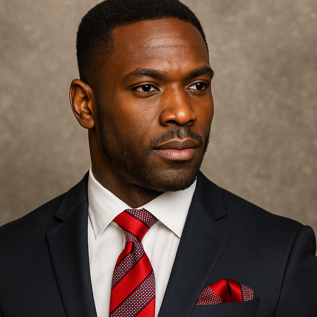 Man wearing a dark suit with a red tie and pocket square against a neutral background