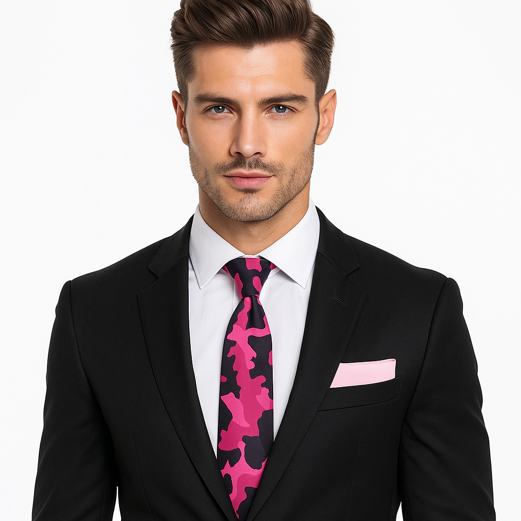 Man wearing a black suit with a pink camo tie on a white background