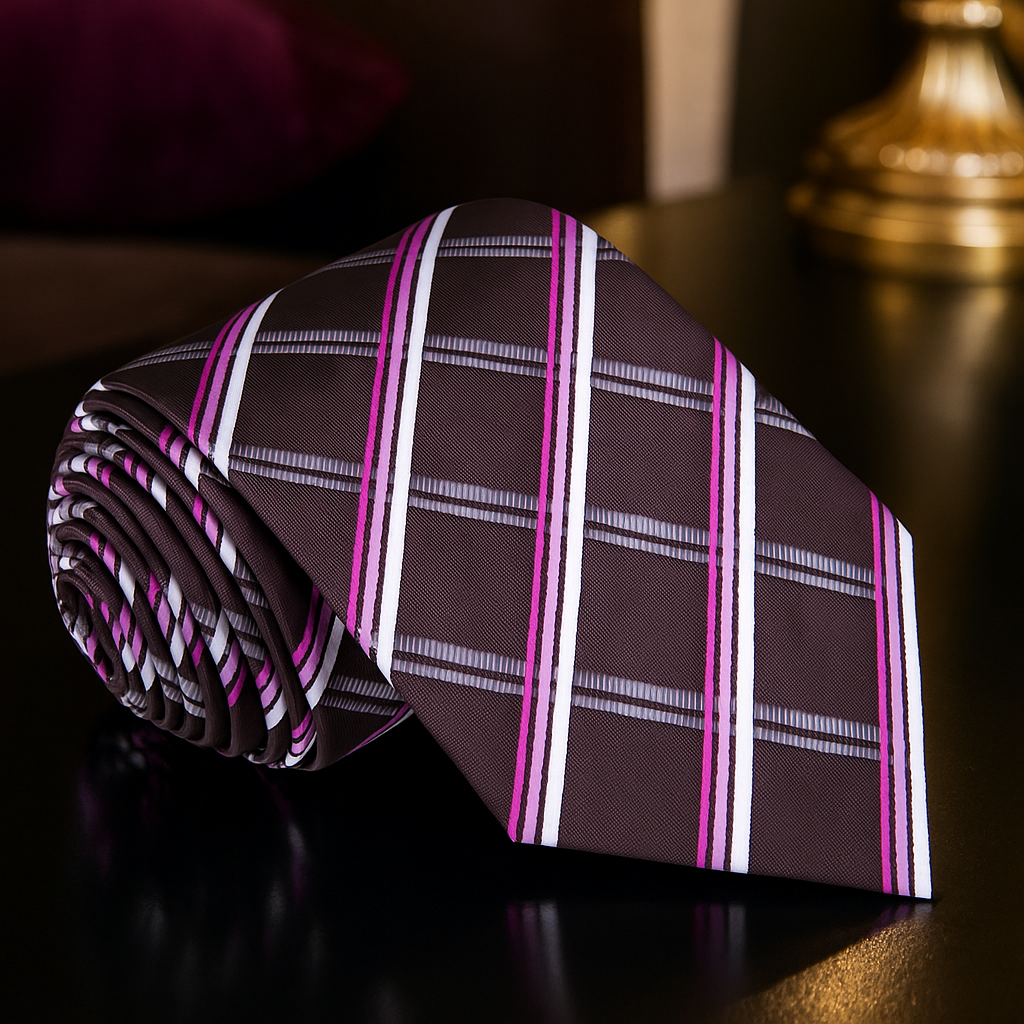 Folded plaid tie with pink and white stripes on a dark surface
