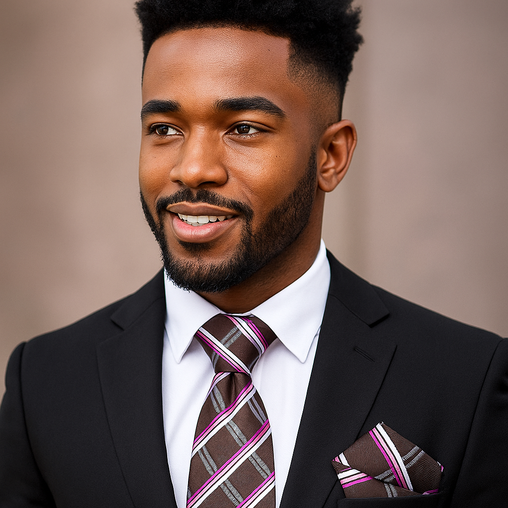 Man wearing a black suit with a patterned tie and pocket square against a neutral background