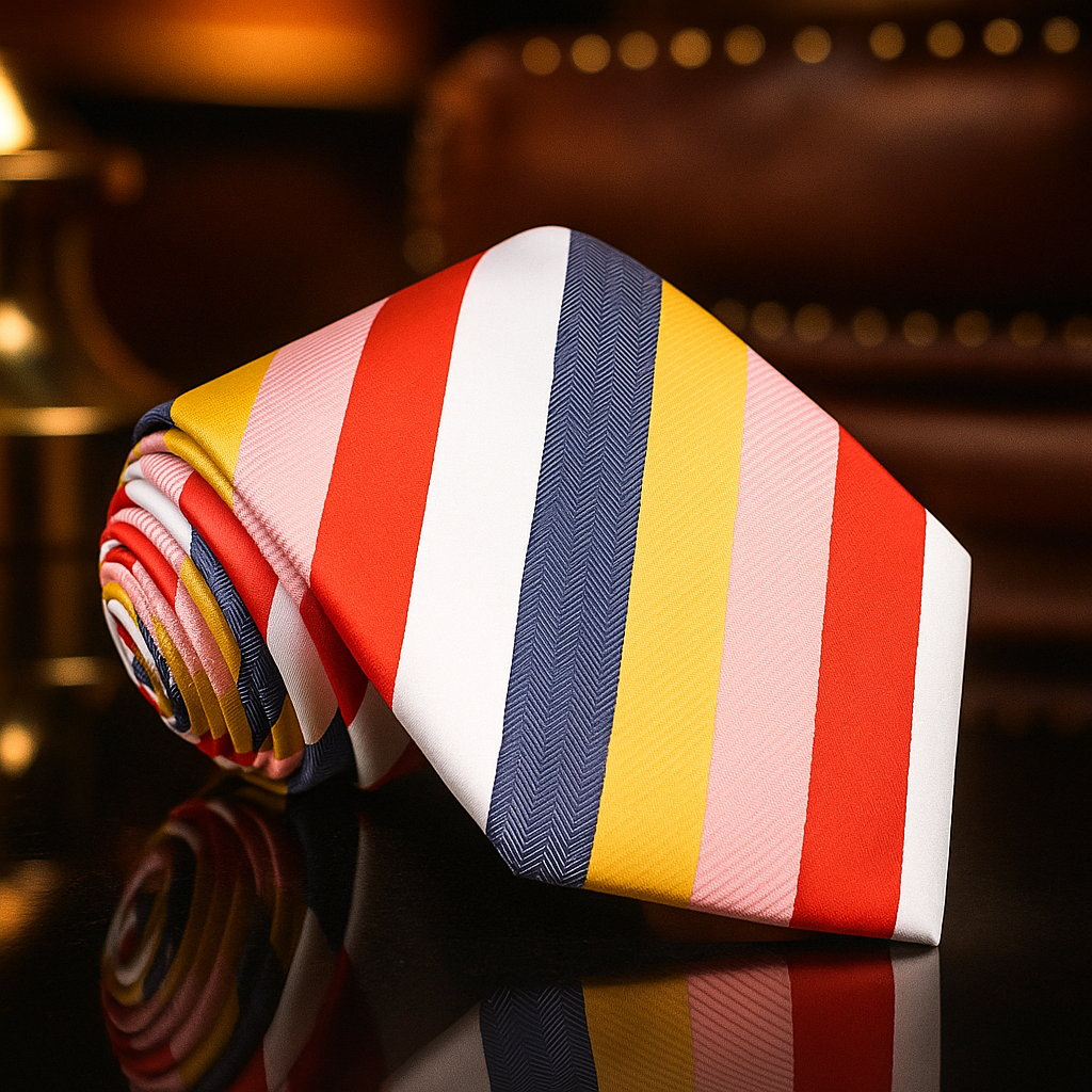 Main Yellow, White, Pink, Red Stripe Necktie