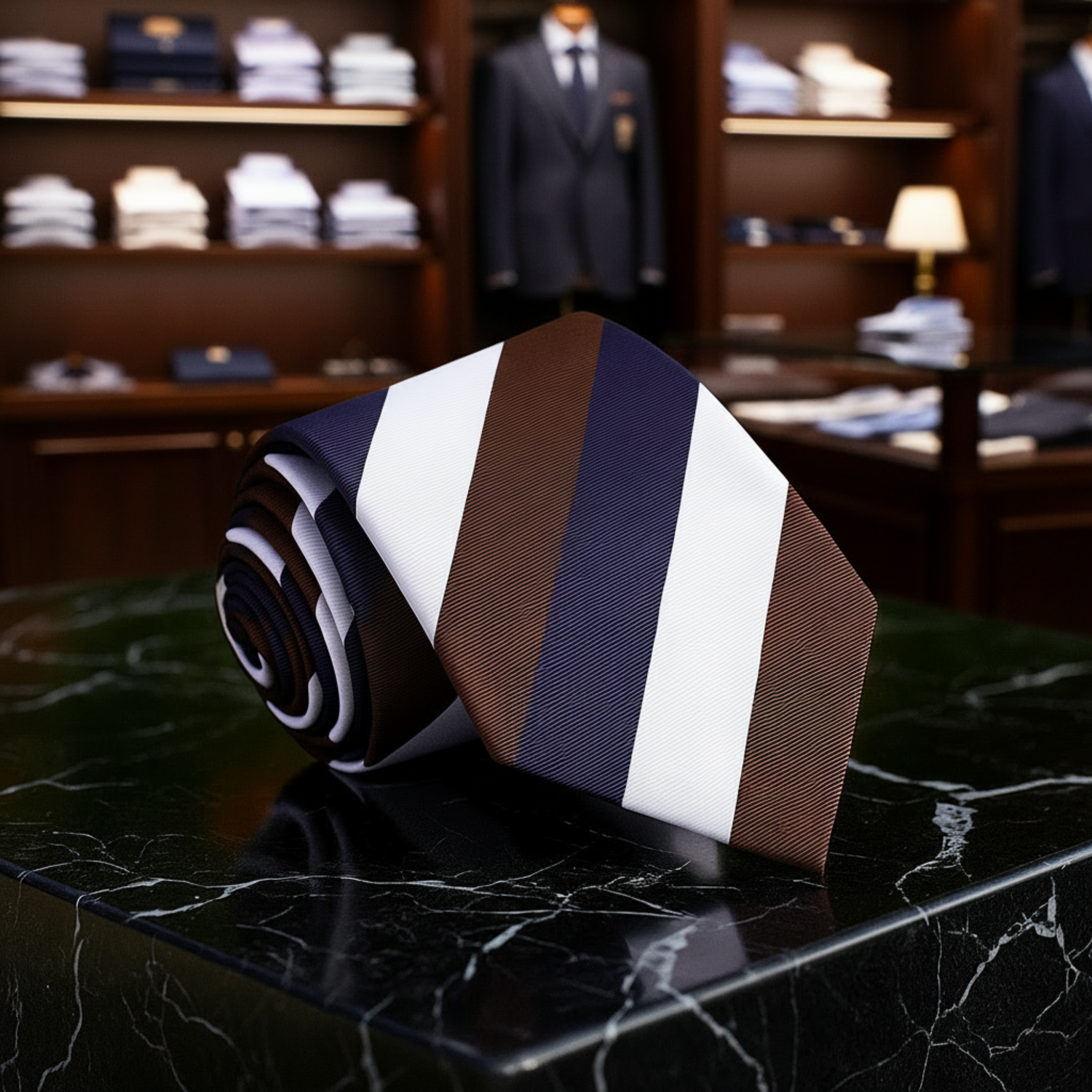 Blue, Brown and White Stripe Necktie on A Marble Table