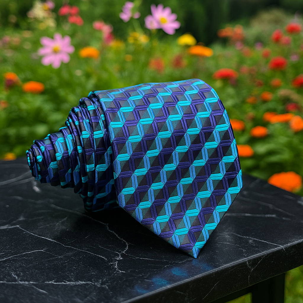 Blue and purple patterned tie on a black surface with a garden background