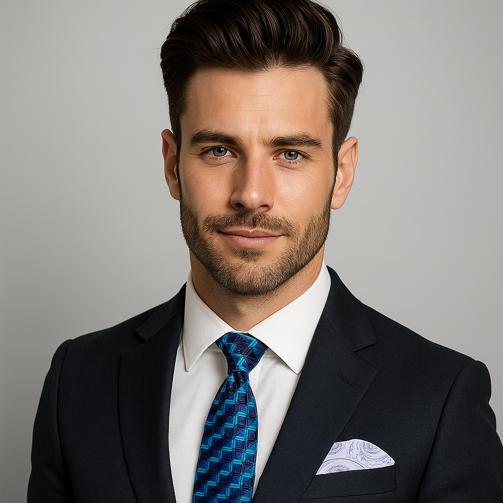 Man wearing a black suit with a blue geometric patterned tie against a gray background