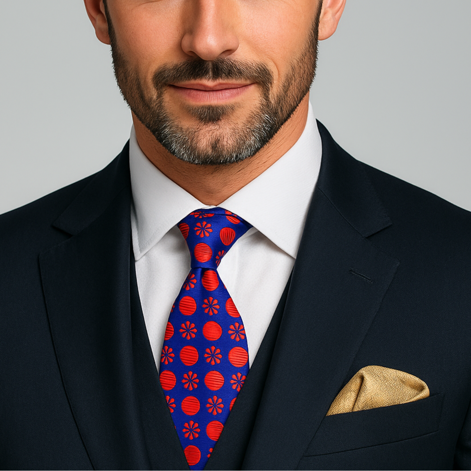 Blue Red Fireball Floral Necktie on and Man wearing suit