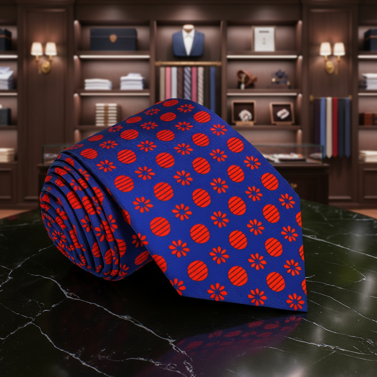 Blue Red Fireball Floral Necktie 1
