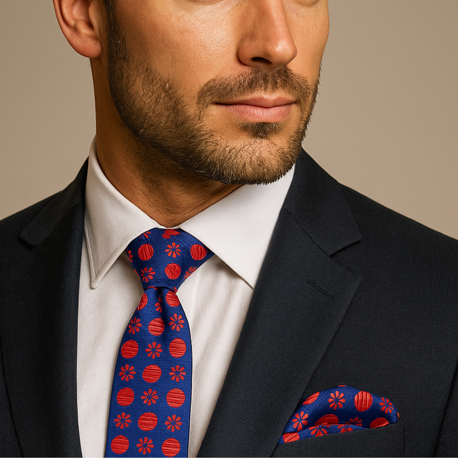 Man wearing a dark suit with a blue tie and pocket square featuring red patterns on a beige background