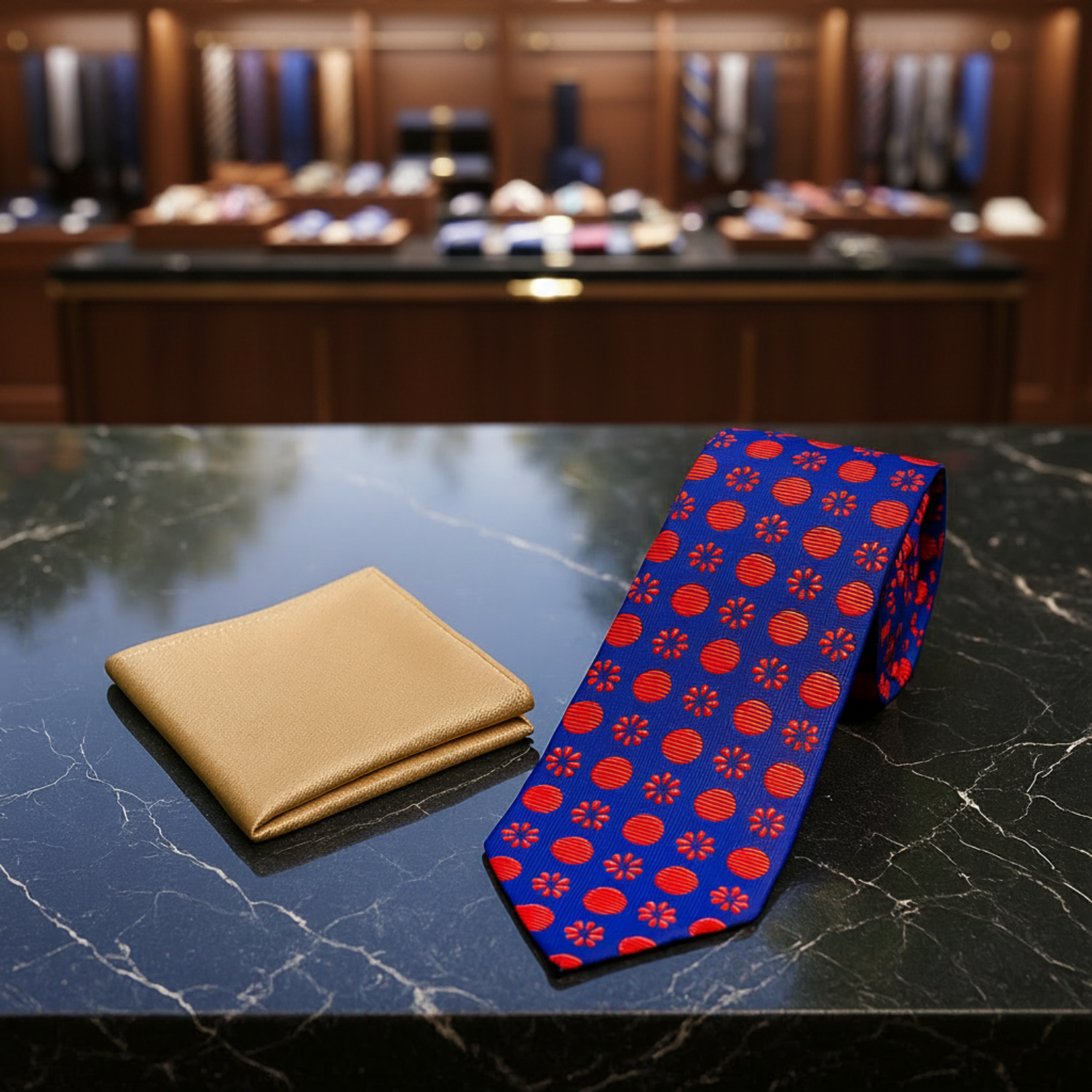 Alt Blue Red Fireball Floral Necktie and Gold Square
