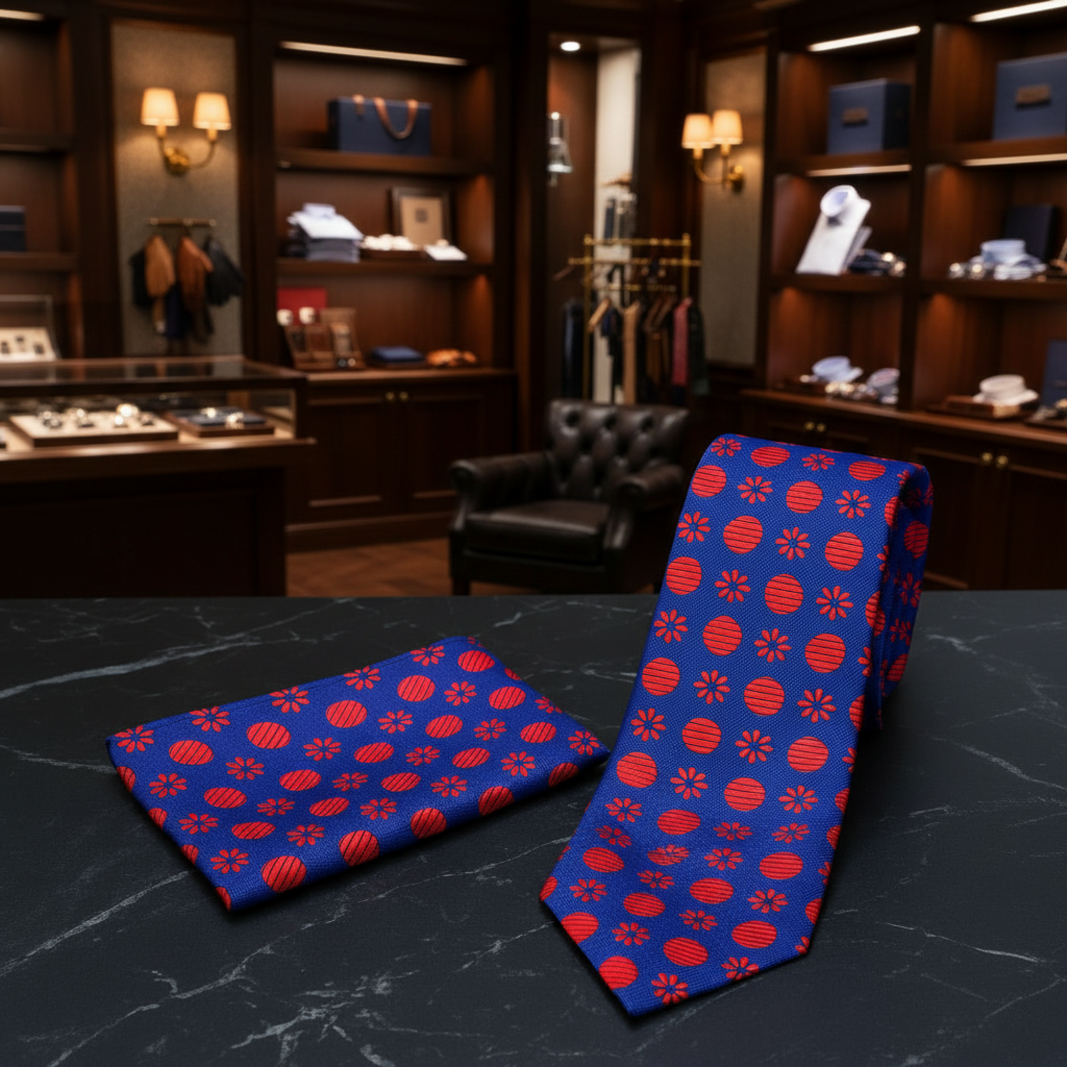 Alt Blue Red Fireball Floral Necktie and Square