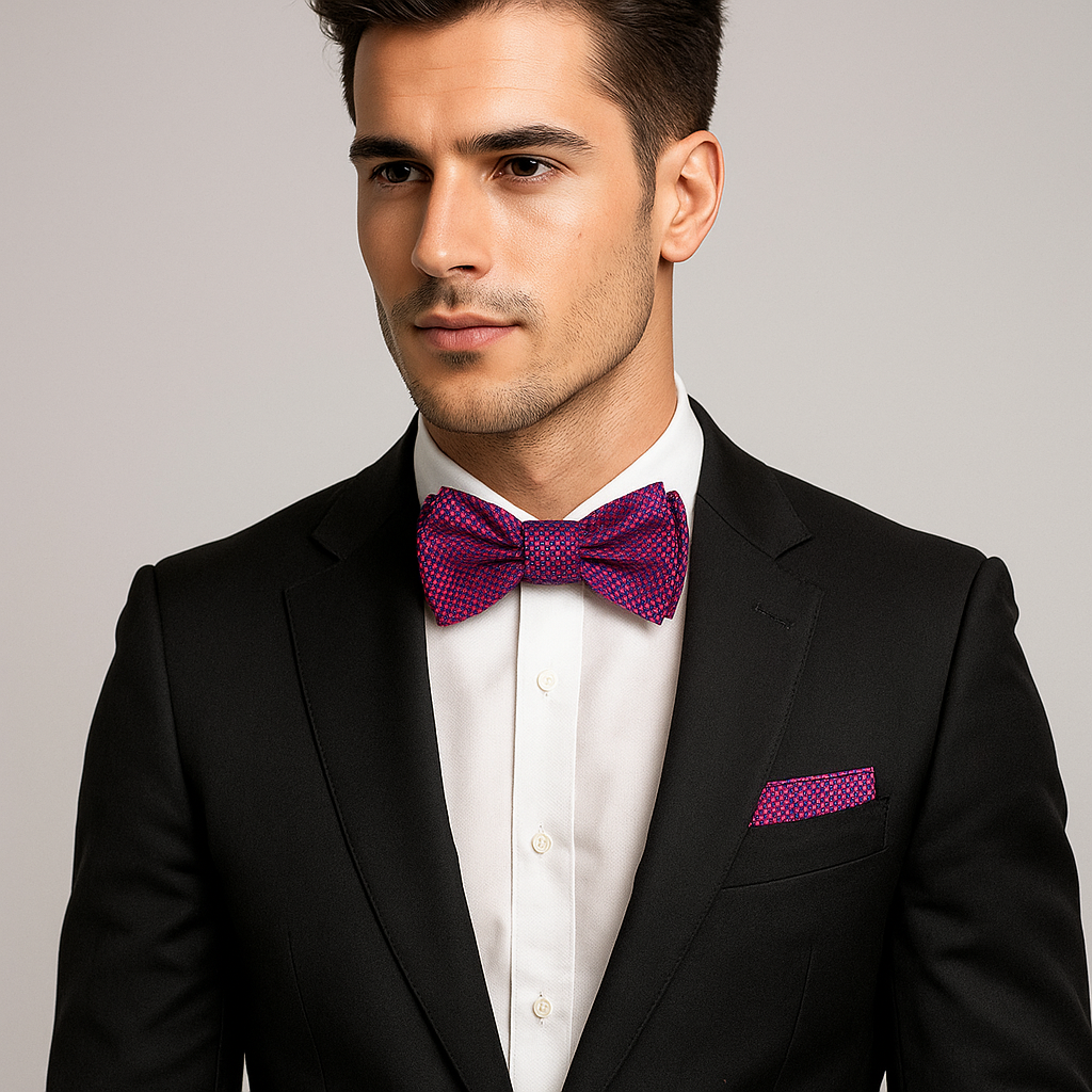 Man wearing a black suit with a red bow tie and pocket square on a gray background