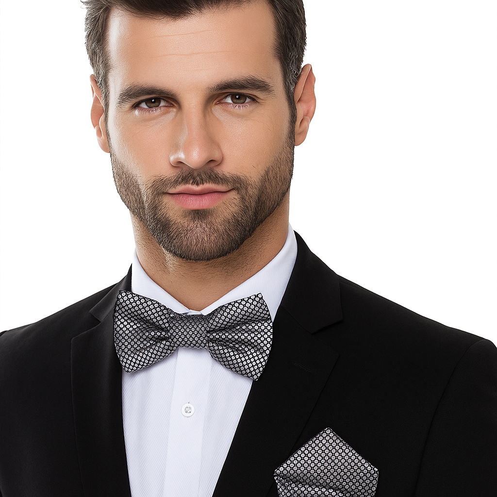 Silver, Black Geometric Bow Tie and Pocket Square on Man Wearing Suit