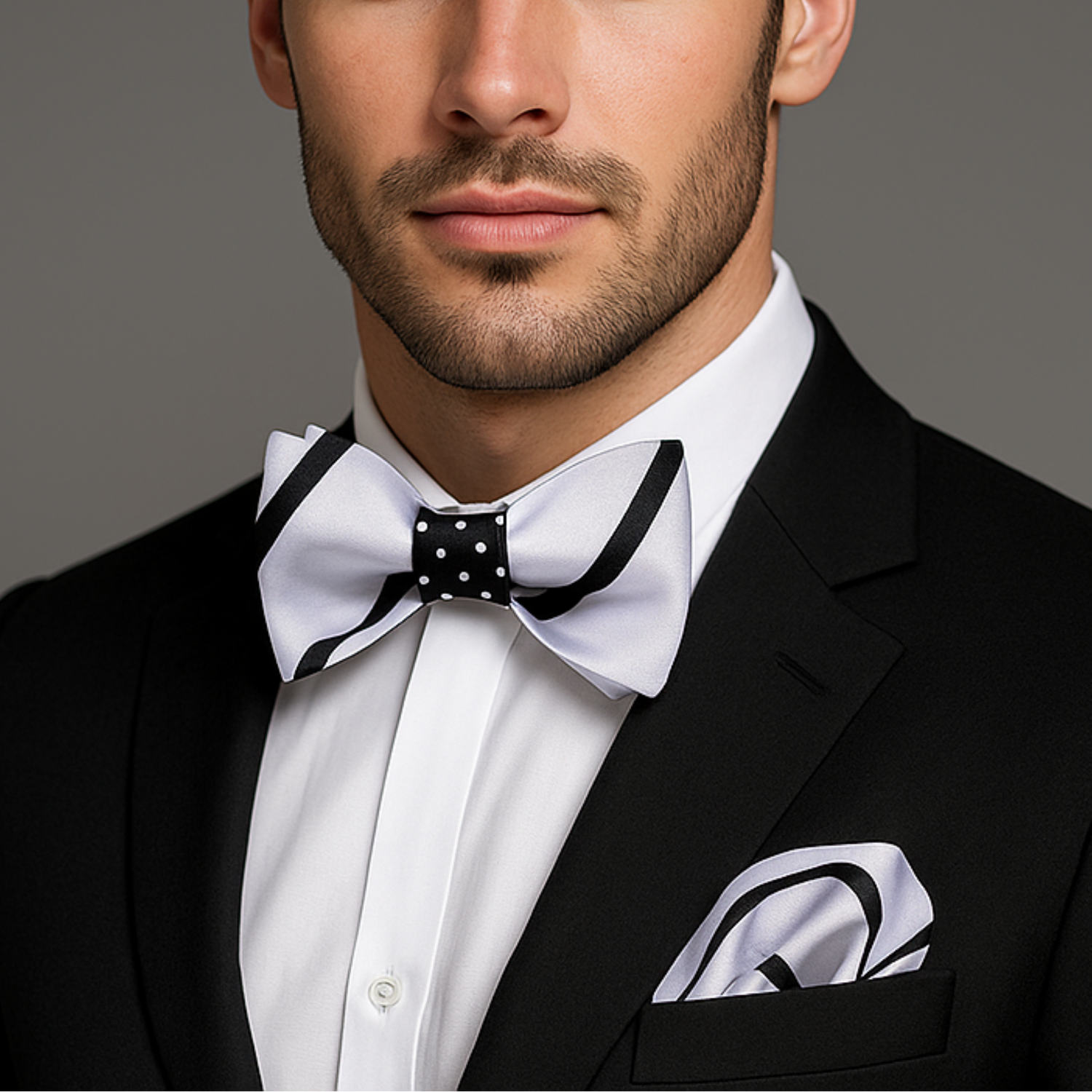 Man wearing a black suit with a white shirt and bow tie against a gray background