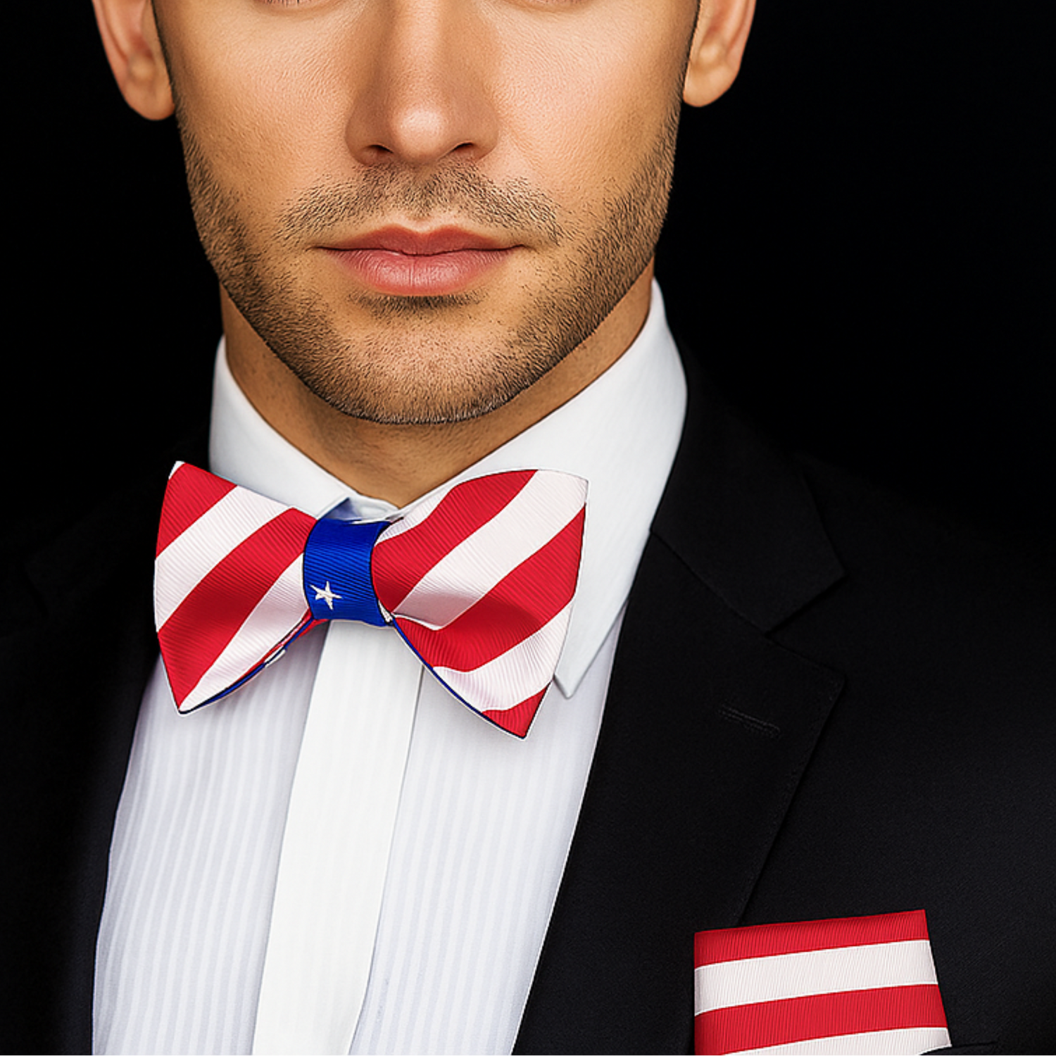 White, Red and Blue Stripe and Stars Bow Tie and Square on Man Wearing Suit