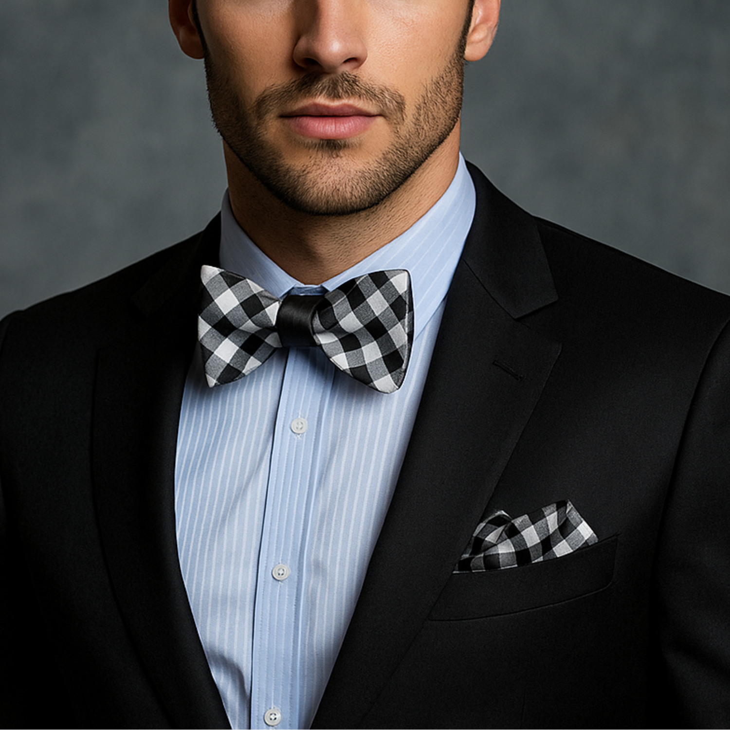 Man wearing a black suit with a checkered bow tie and pocket square against a gray background