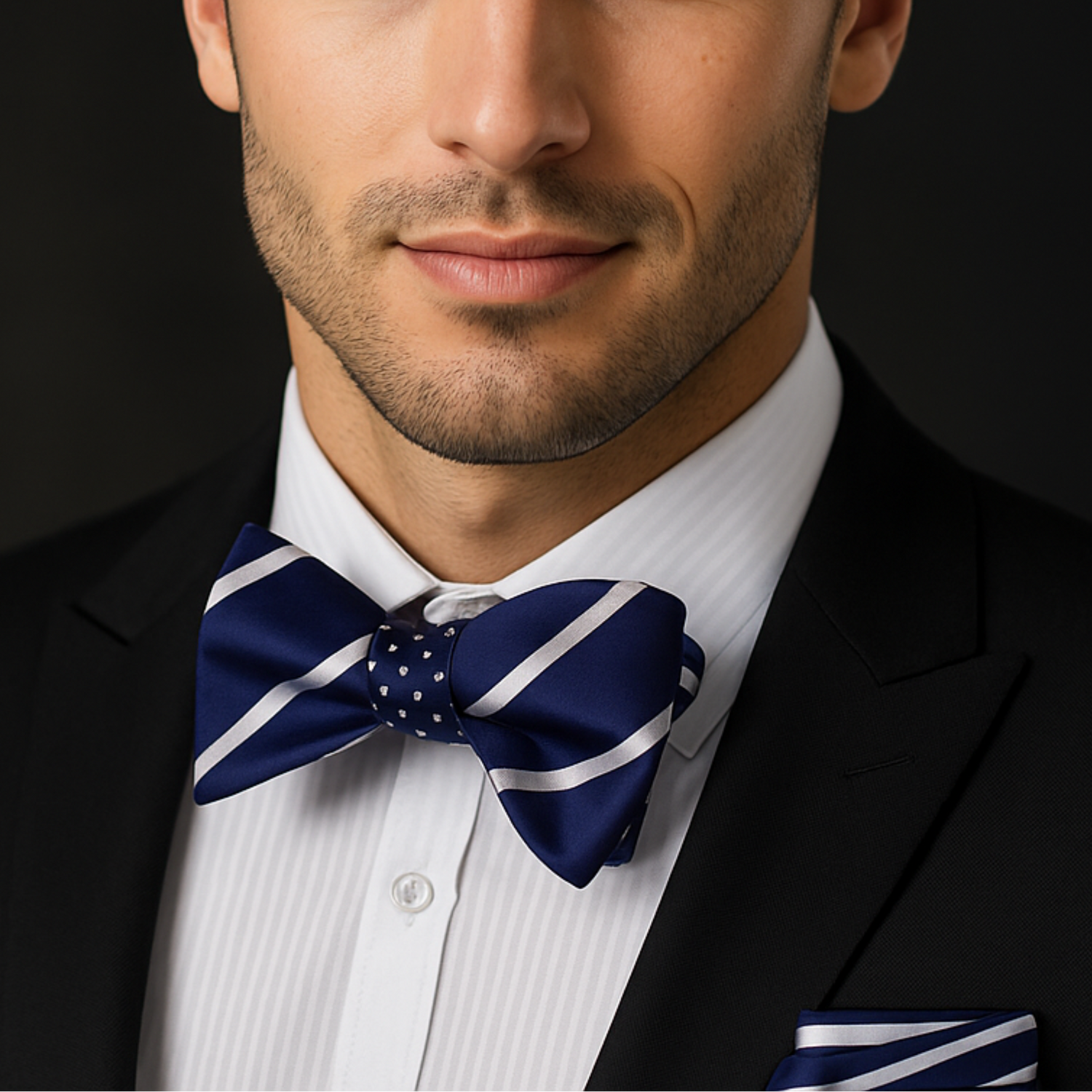 Man wearing a black suit with a white shirt and blue bow tie against a dark background