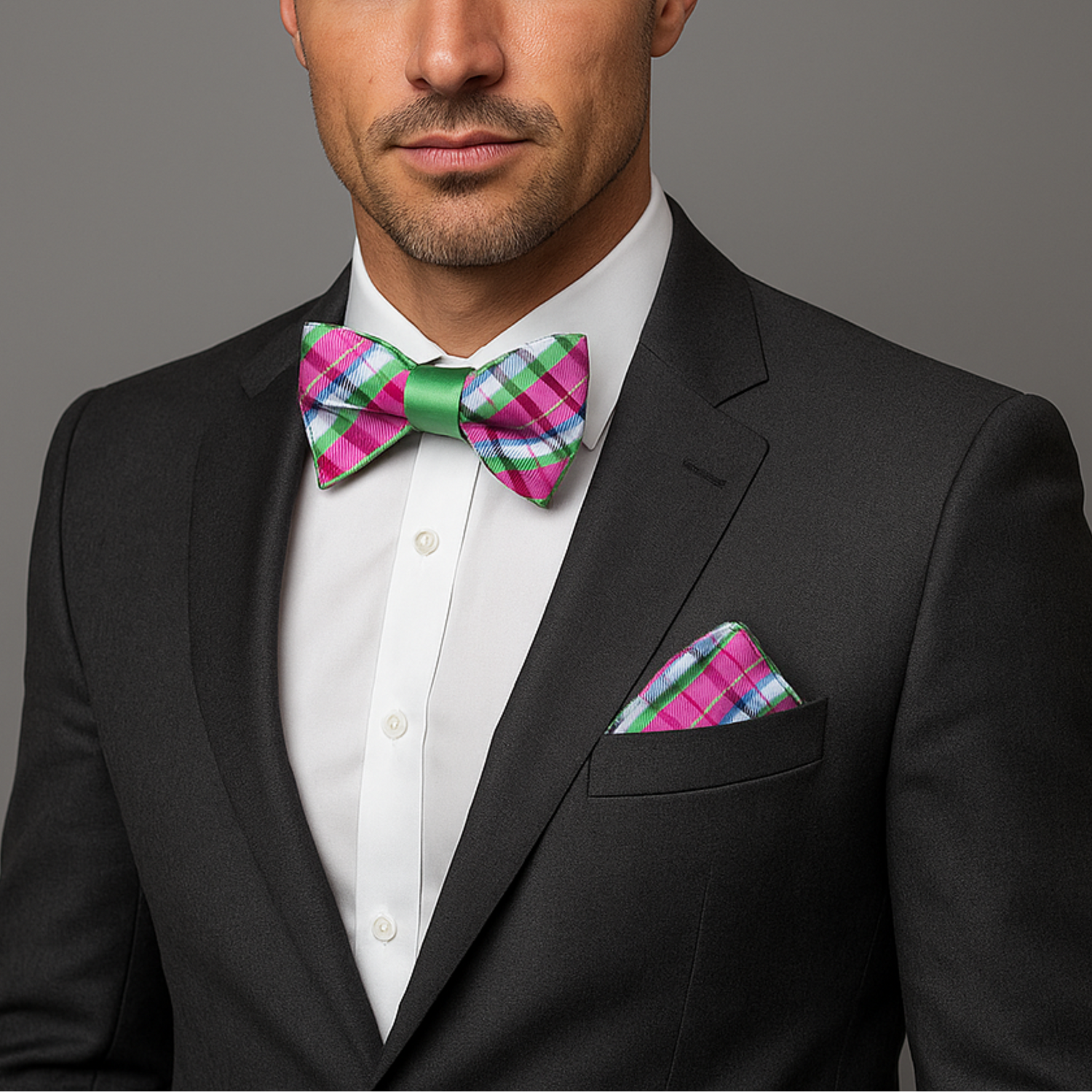 Man wearing a black suit with a colorful bow tie and pocket square on a gray background