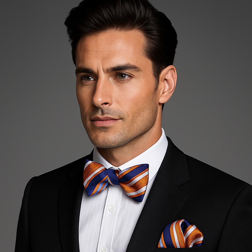 Man wearing a black suit with an orange and blue striped bow tie and pocket square on a gray background