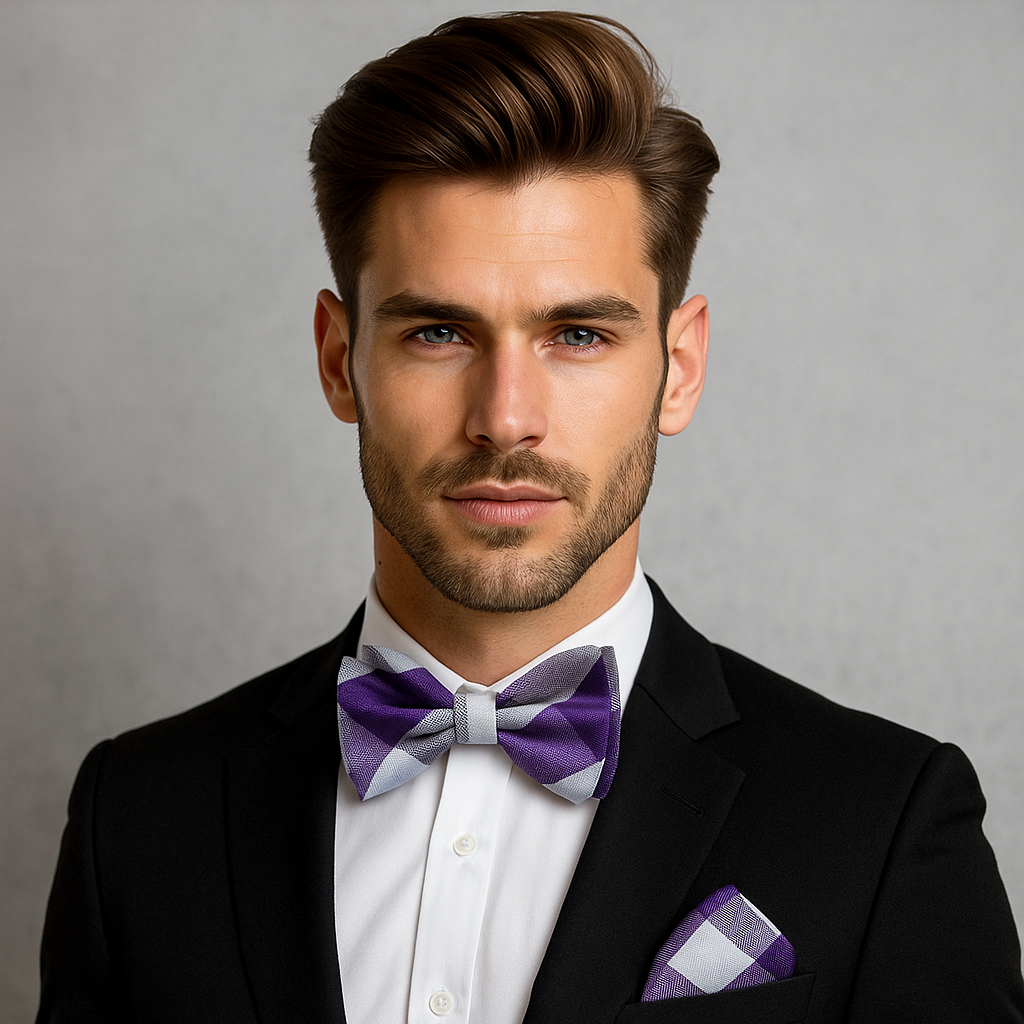 Man wearing a black suit with a purple plaid bow tie and pocket square against a gray background