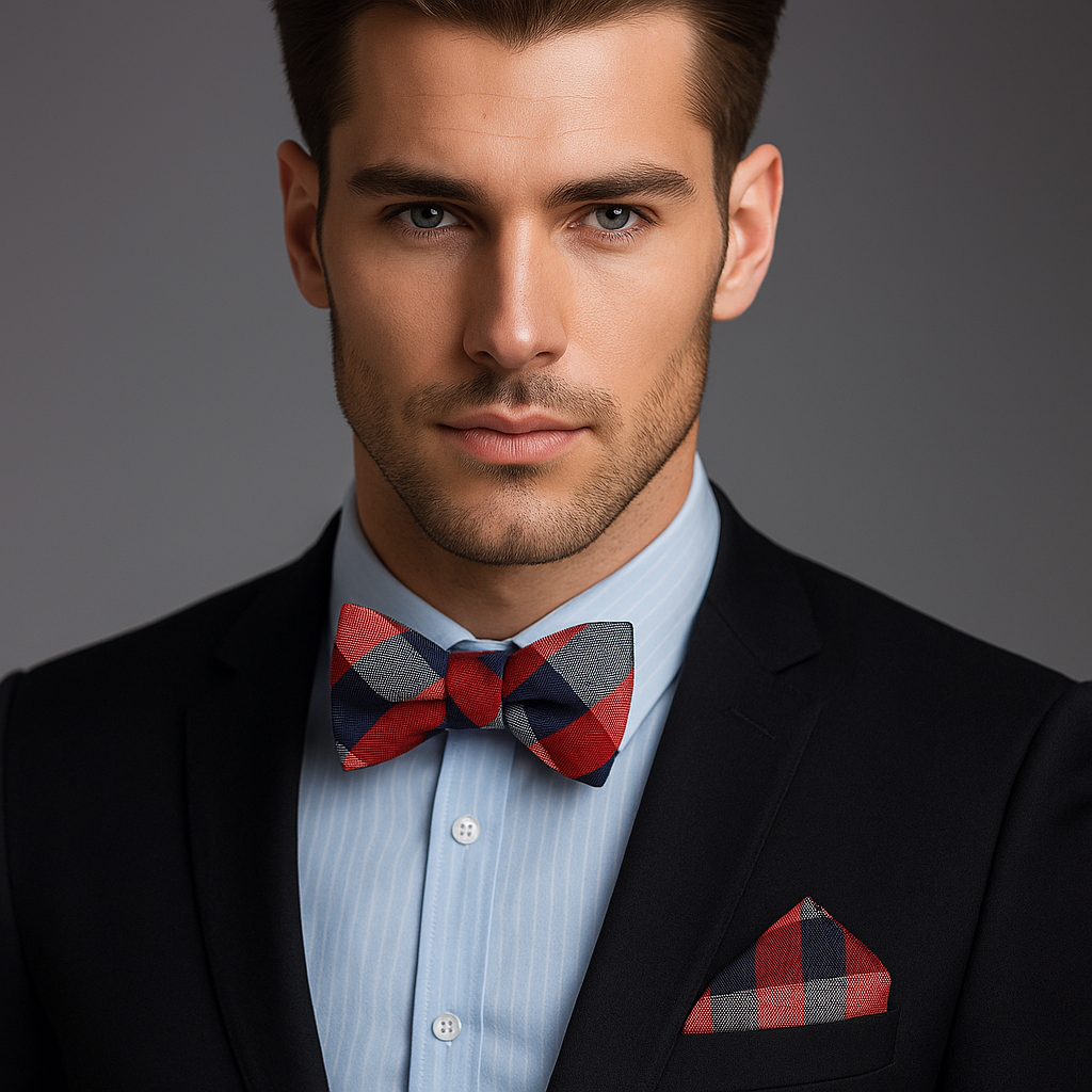 Man wearing a black suit with a red and blue checkered bow tie and pocket square on a gray background
