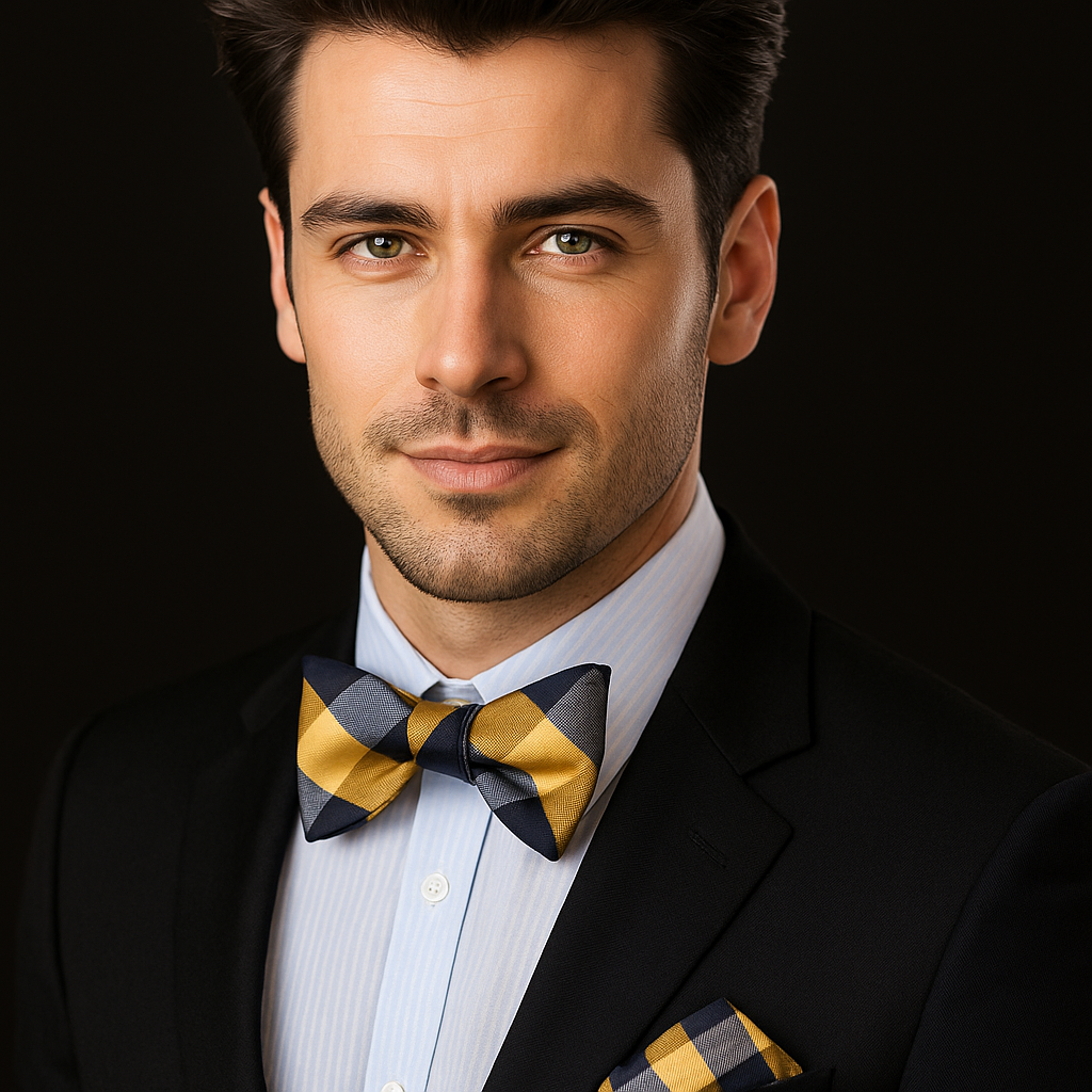 Man wearing a black suit with a yellow and blackish gray checkered bow tie and pocket square on a black background