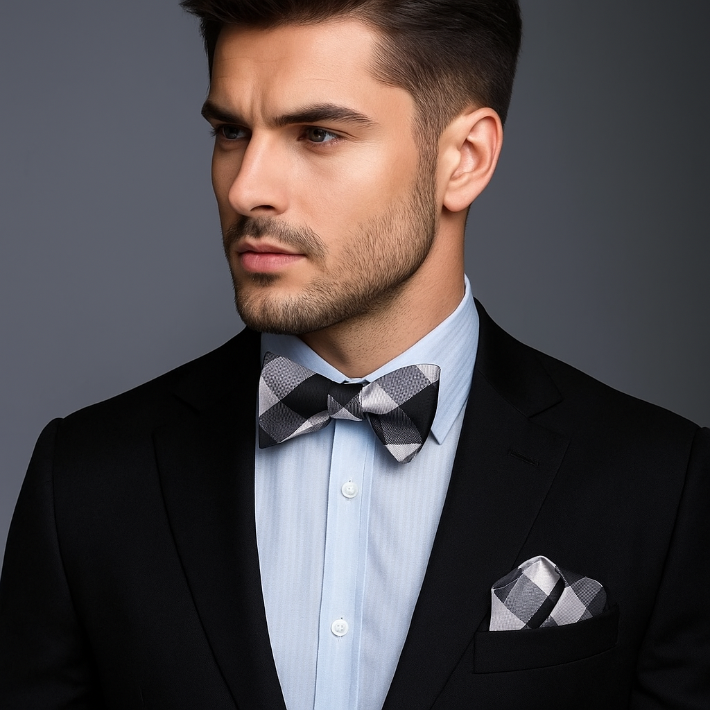 Man wearing a black suit with a black and grey checkered bow tie and pocket square against a gray background
