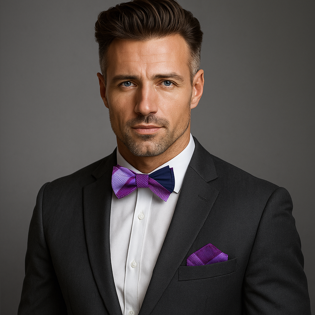 Man wearing a black suit with a purple checkered bow tie and pocket square on a gray background