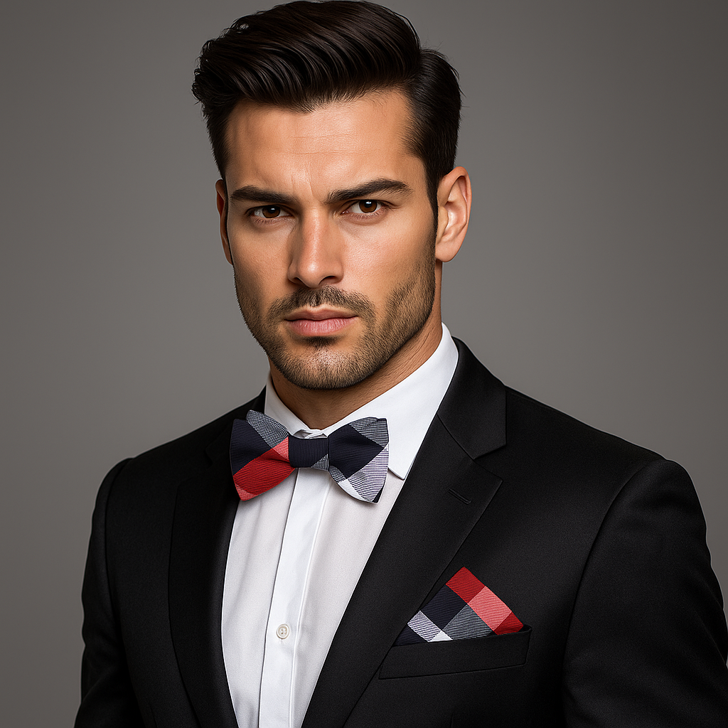 Man wearing a black suit with a red and black plaid bow tie and pocket square on a gray background