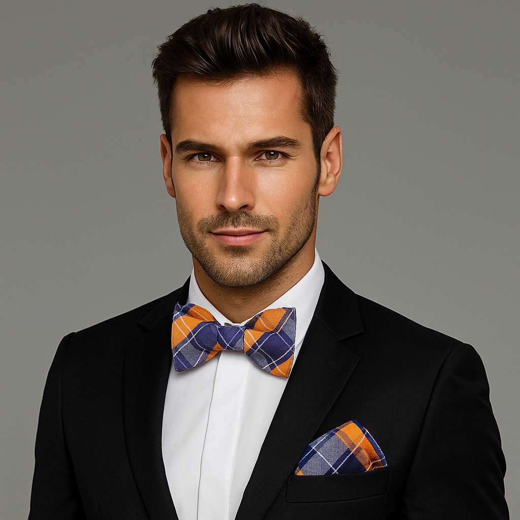 Man wearing a black suit with a colorful orange and blue plaid bow tie and pocket square on a gray background