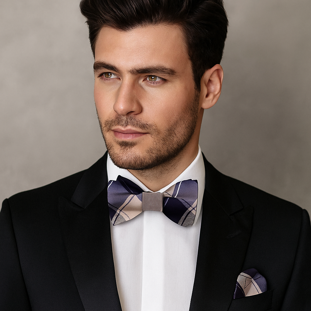 Man wearing a black suit with a patterned dark blue and beige plaid bow tie and pocket square against a neutral background