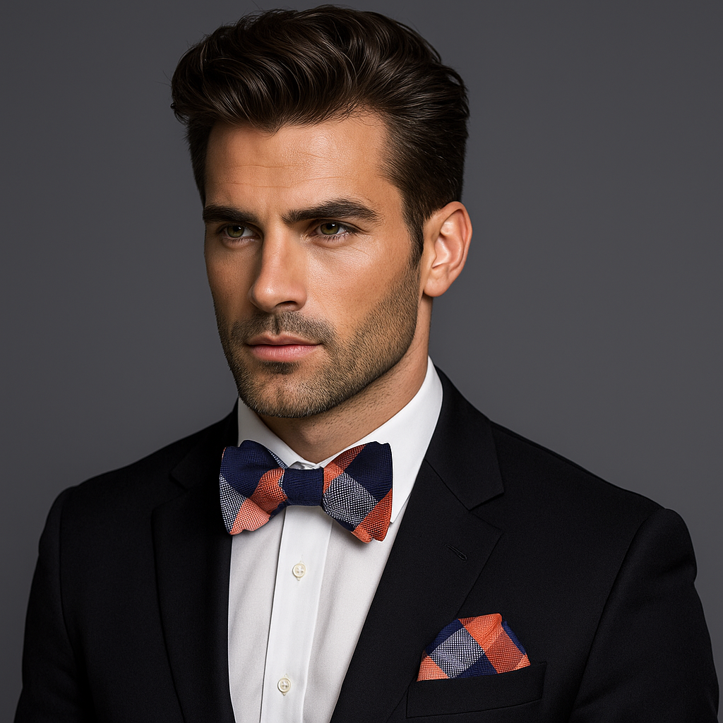 Man wearing a black suit with a colorful dark blue and orange plaid bow tie and pocket square against a gray background
