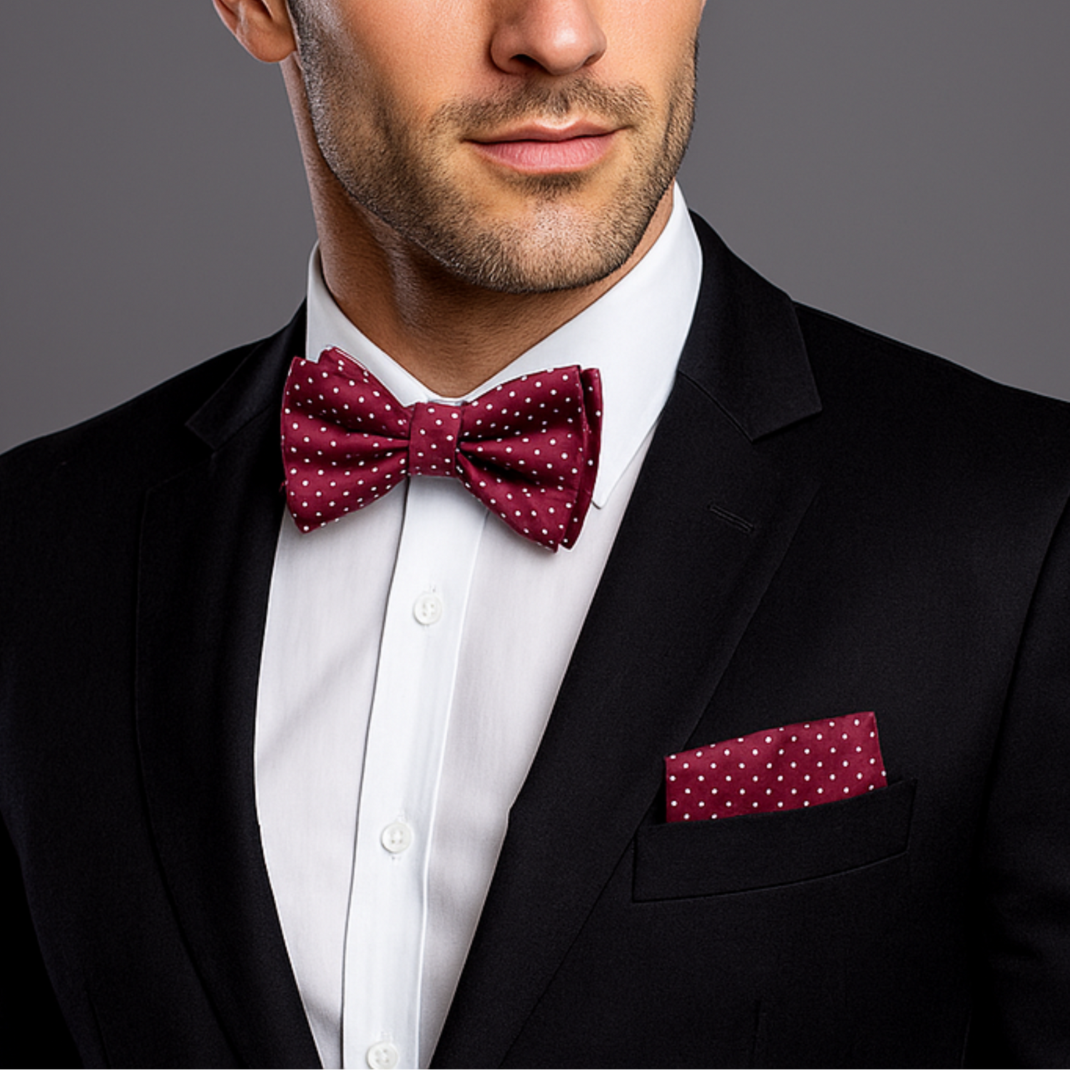 Man wearing a black suit with a burgundy and white polka dot bow tie and pocket square on a gray background